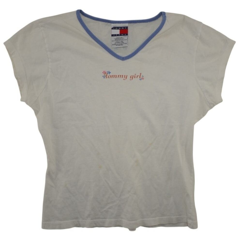 Vintage Tommy Girl Shirt Rare Hilfiger 90s USA Flag Logo Size Large V Neck